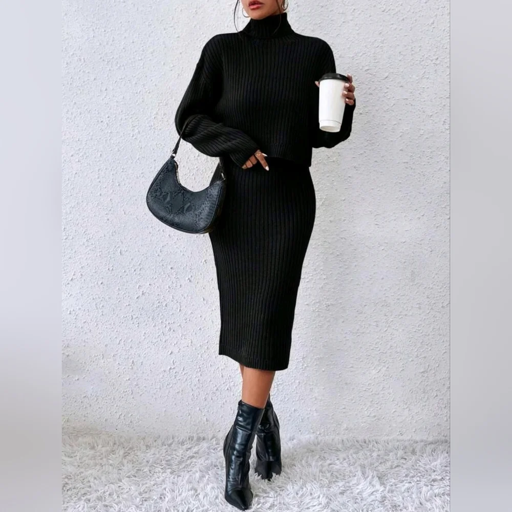 New Chic 2 Piece Ribbed Sweater Dress Black Two Piece Set - Picture 6 of 8